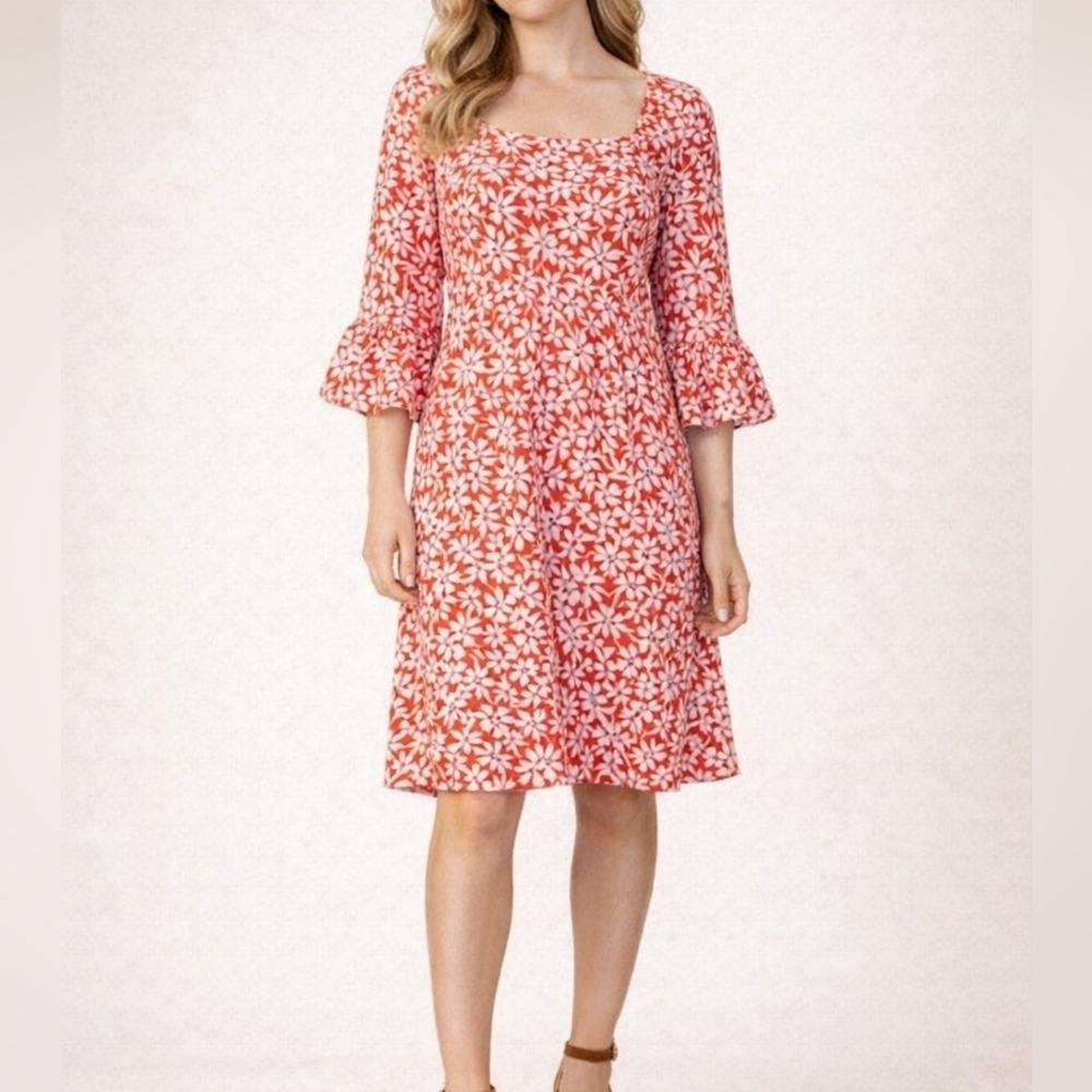 DRAPER JAMES Pink Coral White Hibiscus Floral Bell Sleeve Dress